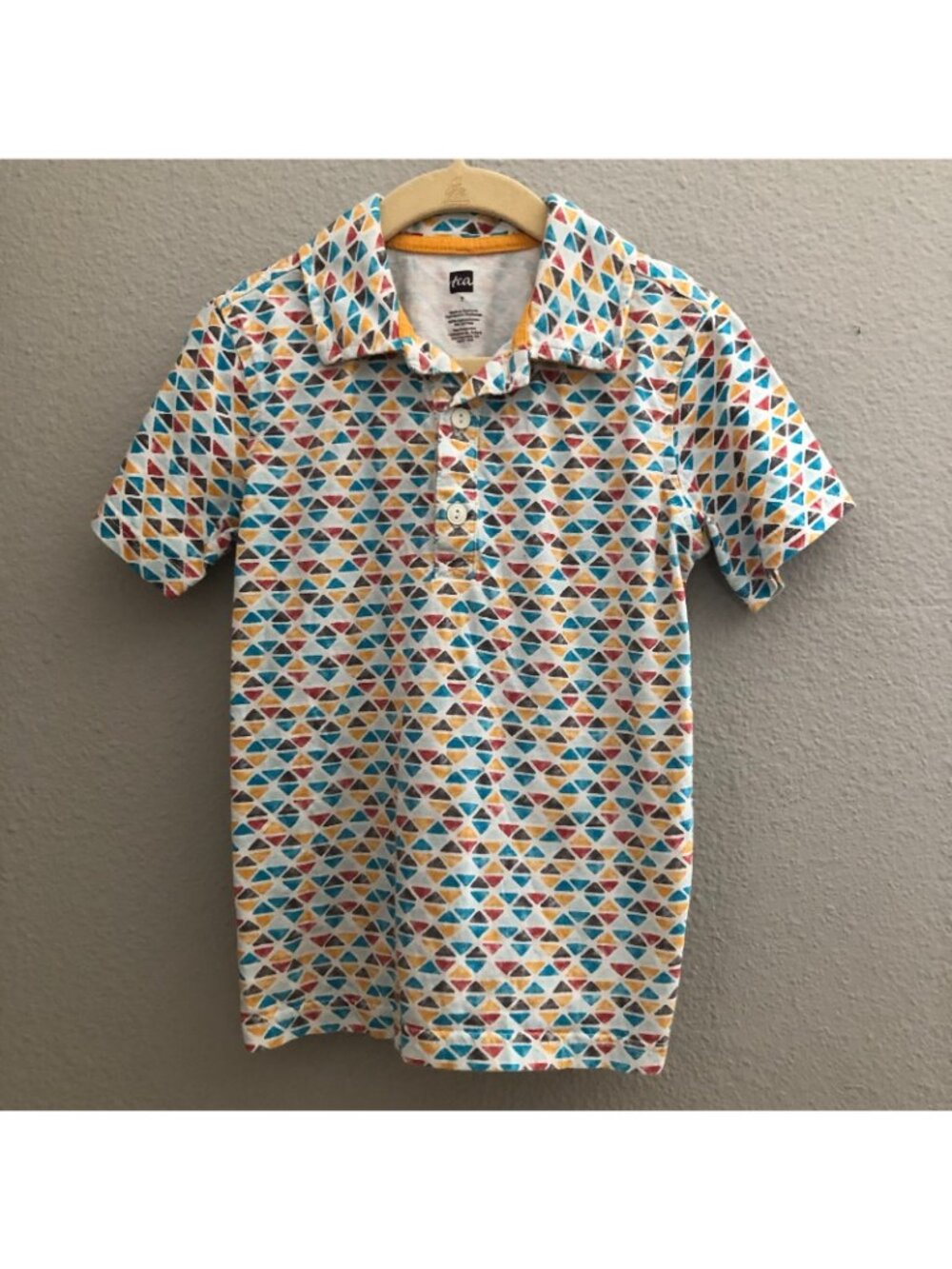 Tea Collection Short Sleeve Polo Shirt Boys size 7 White Blue Yellow Ringer Trim - Picture 2 of 6